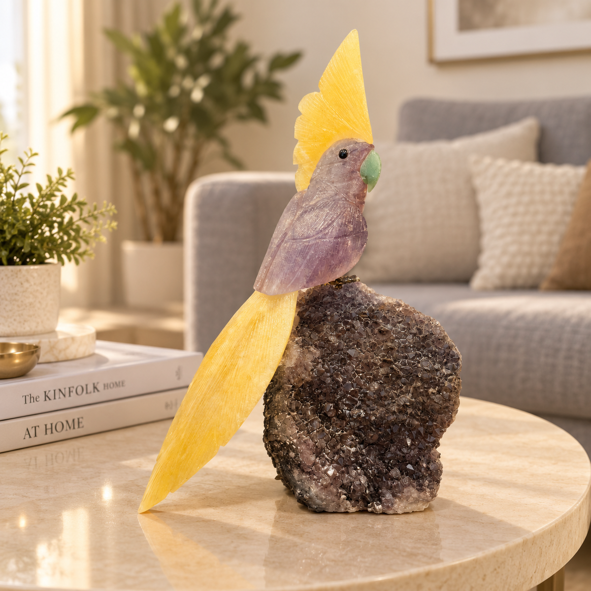 Solmira Amethyst Gemstone Bird – Yellow Calcite Crystal Parrot on Amethyst Base, Clarity & Positivity Symbol | 9 Inch, 1.6kg