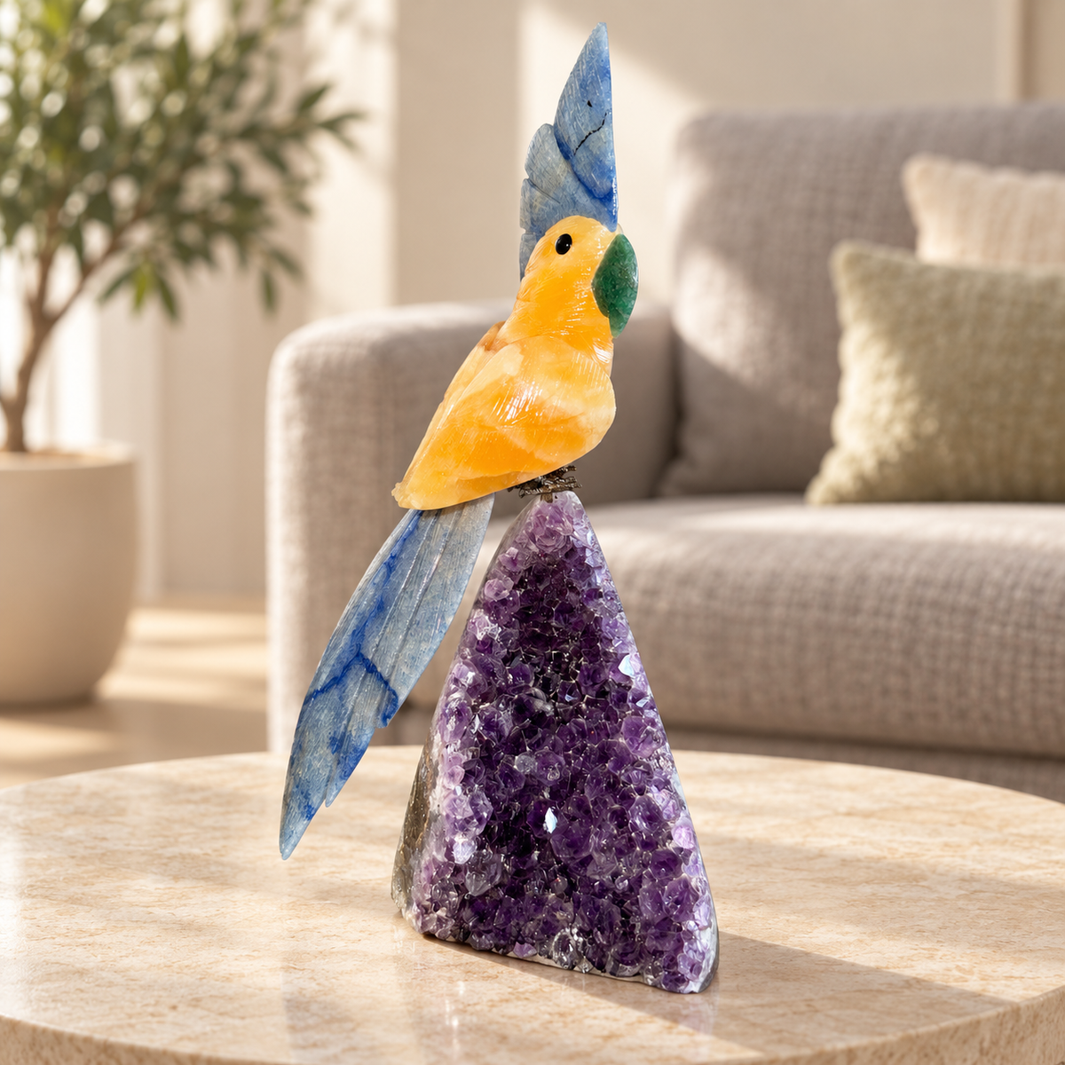 Solviera Yellow Calcite & Lapis Lazuli Gemstone Bird – Crystal Parrot on Amethyst Base, Positivity & Wisdom Symbol | 10 inch, 1.4kg