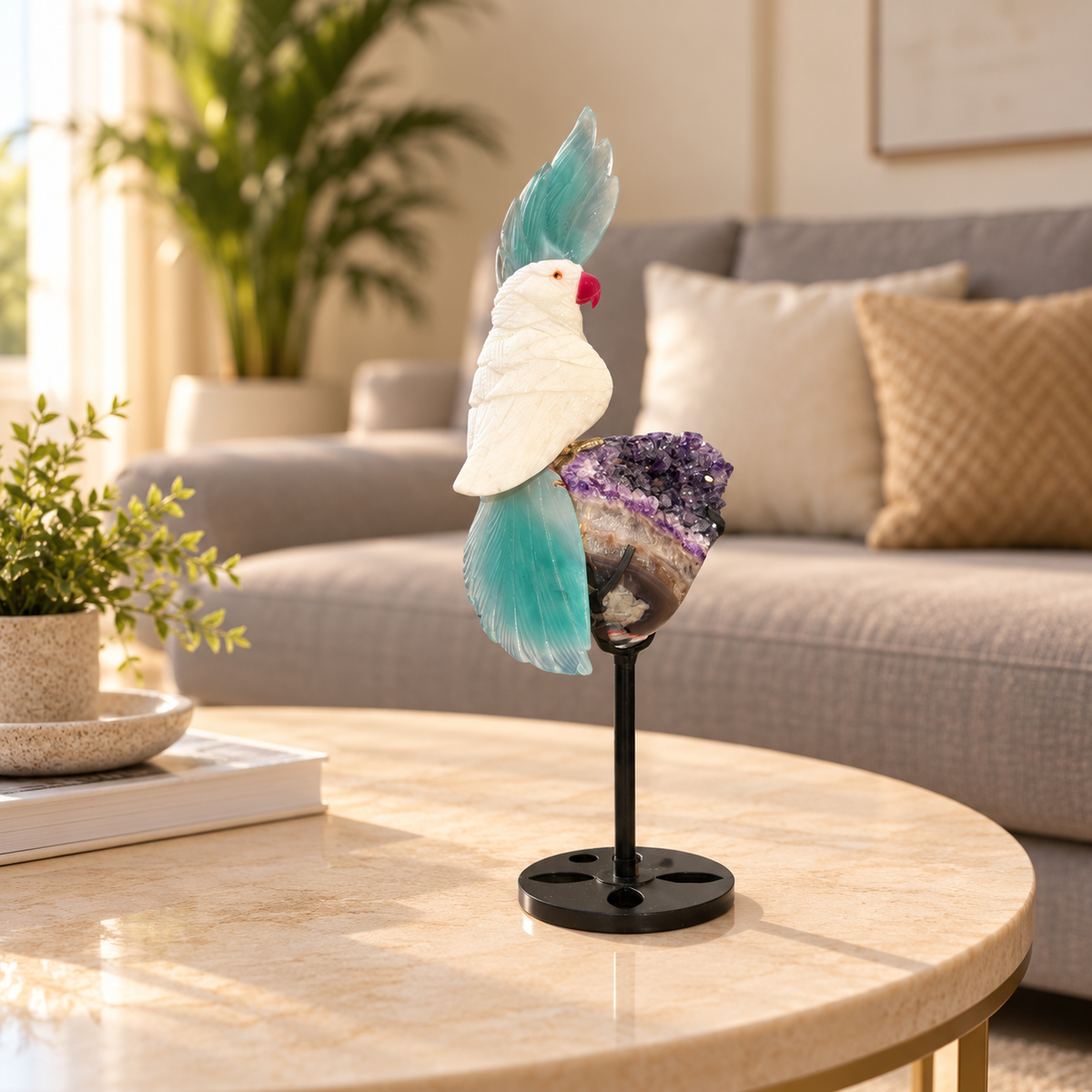 Aurevia White Quartz & Green Agate Gemstone Bird – Crystal Parrot on Amethyst, Peace & Harmony Symbol, 12 Inch, 1.1 kg