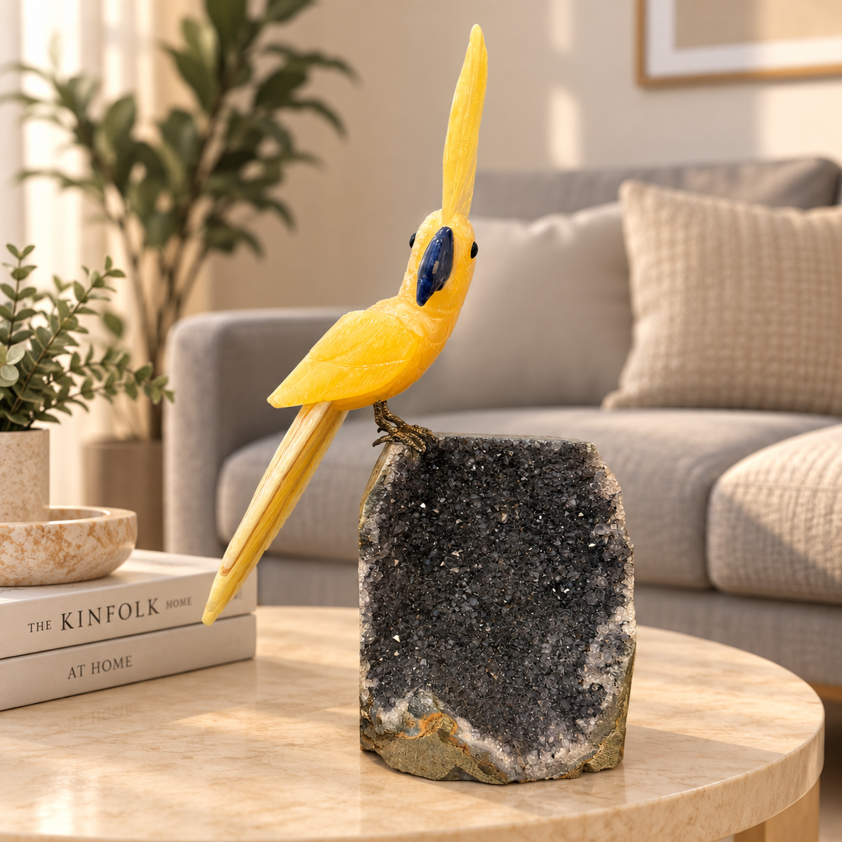 Solvaya Yellow Calcite Gemstone Bird – Crystal Parrot on Amethyst Base, Positivity & Confidence Symbol, 9.5 Inch, 1.5 kg