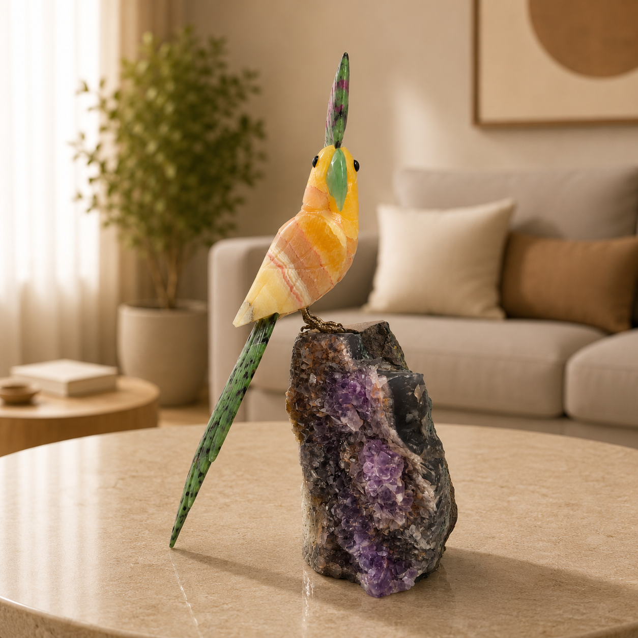 Solmivara Amethyst Gemstone Bird – Yellow Calcite & Ruby Zoisite Crystal Parrot Décor, Joy & Vitality Symbol (9 Inch, 1.7kg)