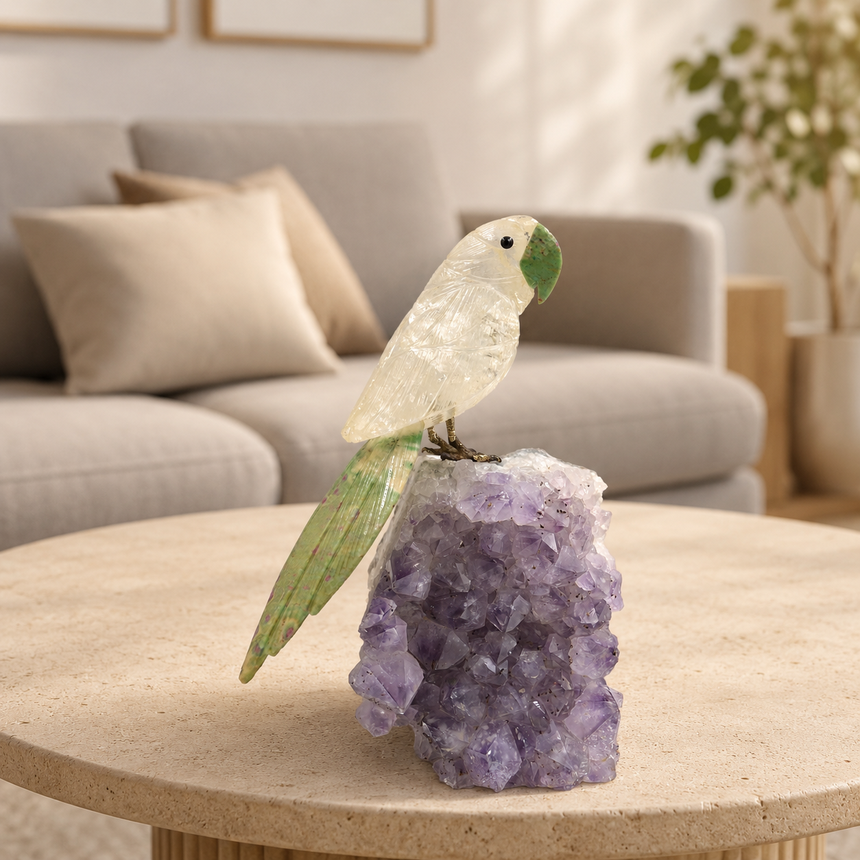 Lumivara Amethyst Gemstone Bird – Clear Quartz & Ruby Zoisite Crystal Parrot Décor, Clarity & Prosperity Symbol (8 Inch, 1.6 kg)