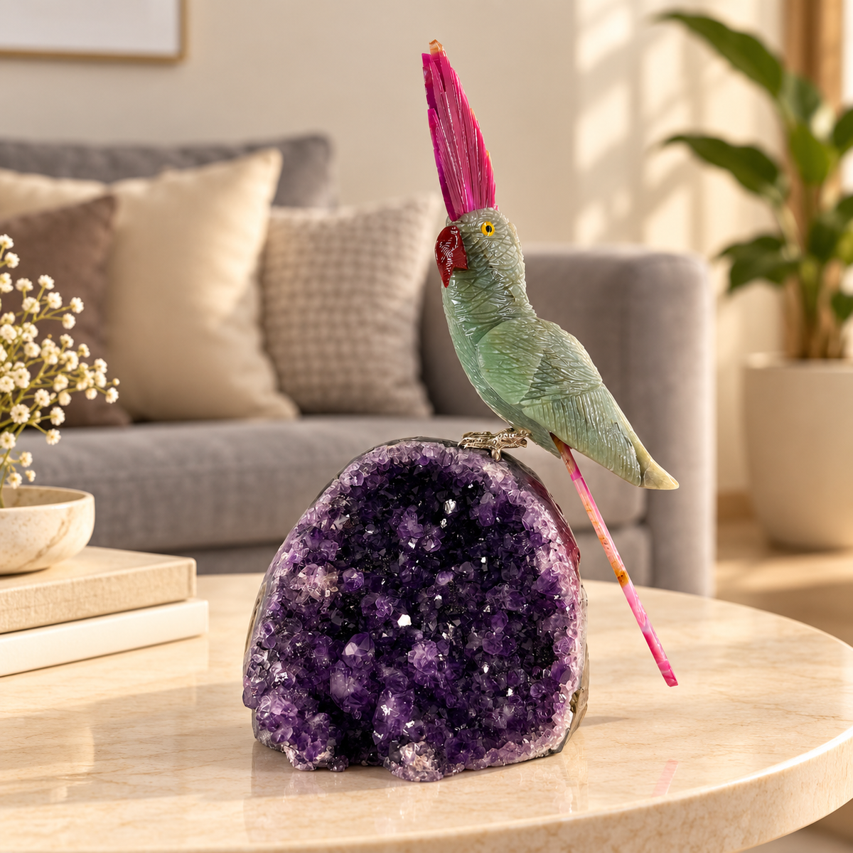 Aventara Green Aventurine Gemstone Bird – Pink Agate Crystal Parrot on Amethyst Base, Prosperity & Harmony Symbol, 9.8 Inch, 1.5 kg