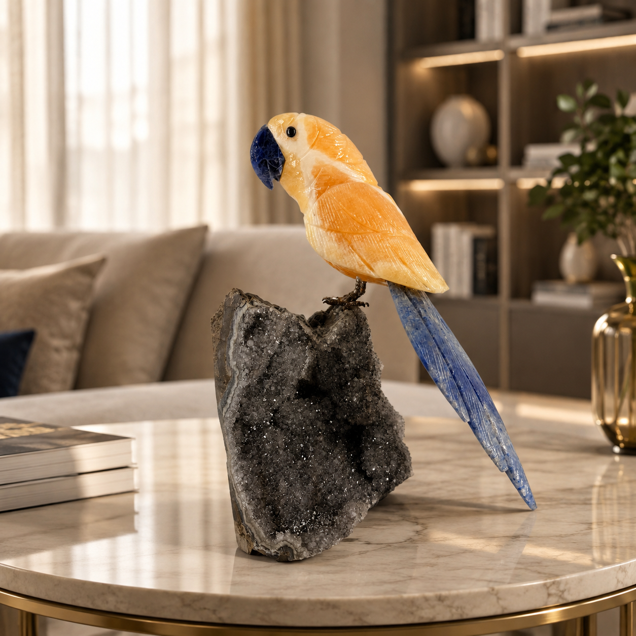 Aurevia Amethyst Gemstone Bird – Yellow Calcite & Blue Sodalite Crystal Parrot Home Décor, Joy & Wisdom Symbol | 6.8 Inch, 1.3 kg