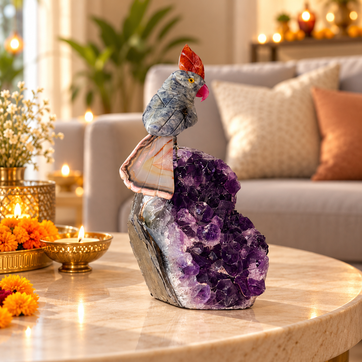 Blue Sodalite Gemstone Bird on Amethyst Base – Pink Agate Tail & Orange Calcite Crown, Clarity & Positive Energy Symbol, 4 Inch, 0.219 kg