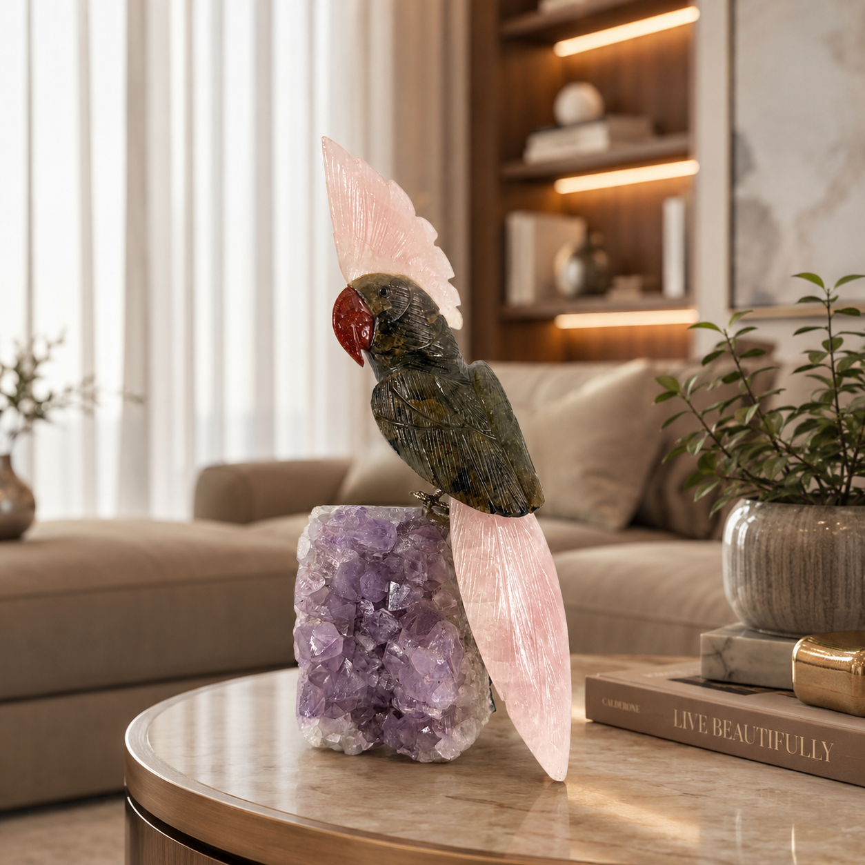 Aurevia Amethyst Gemstone Bird – Black Tourmaline & Rose Quartz Crystal Parrot Home Décor | Protection & Love Symbol | 9 Inch, 1.5 kg