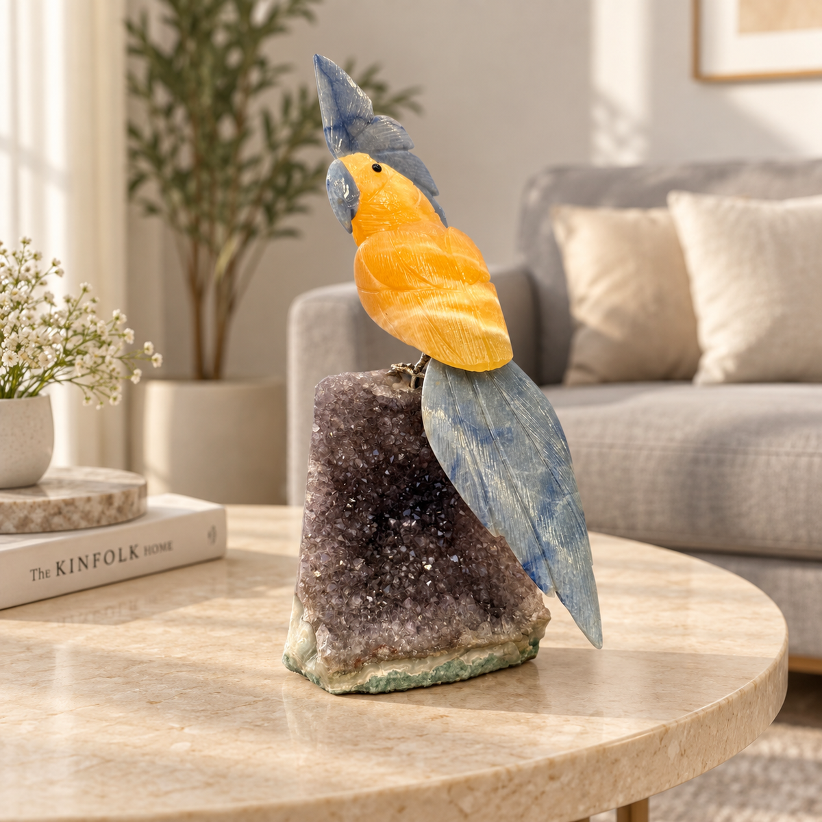 Solviera Yellow Calcite & Lapis Lazuli Gemstone Bird – Crystal Parrot on Amethyst Base, Positivity & Wisdom Symbol, 9 Inch, 1.4 kg
