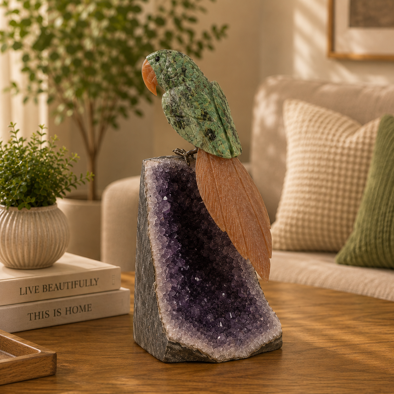 Aureverde Amethyst Gemstone Bird – Prosperity & Positivity Symbol | Home Décor | Green Aventurine & Orange Calcite | 8 Inch, 1.4 kg