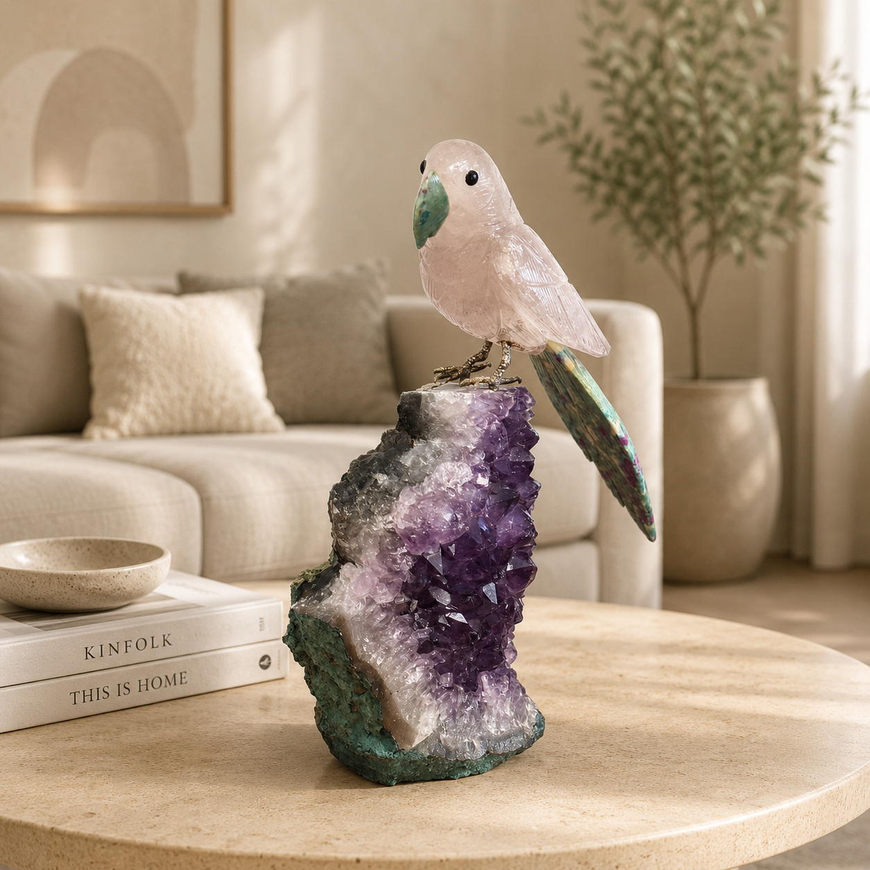 Lumivara Amethyst Gemstone Bird – Clear Quartz & Ruby Zoisite Crystal Parrot Décor, Clarity & Vitality Symbol (8 Inch, 1.4 kg)