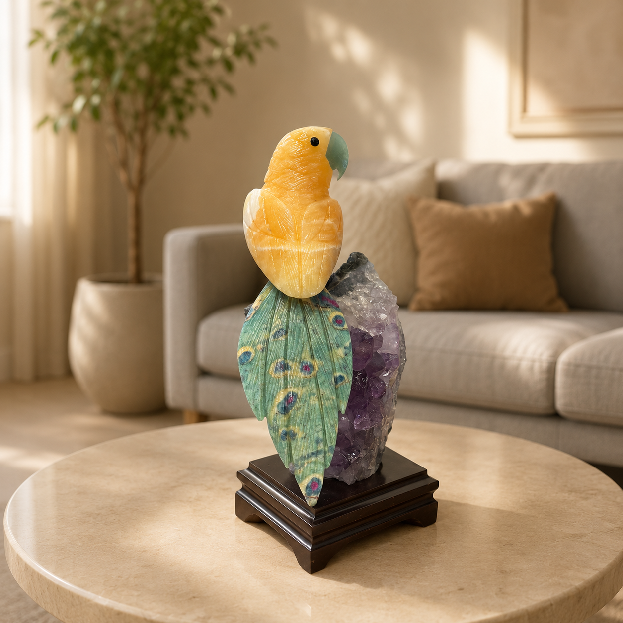 Solunara Amethyst Gemstone Bird – Yellow Calcite & Ruby Zoisite Crystal Parrot Décor, Positivity & Transformation Symbol (9 Inch, 1.3 kg)