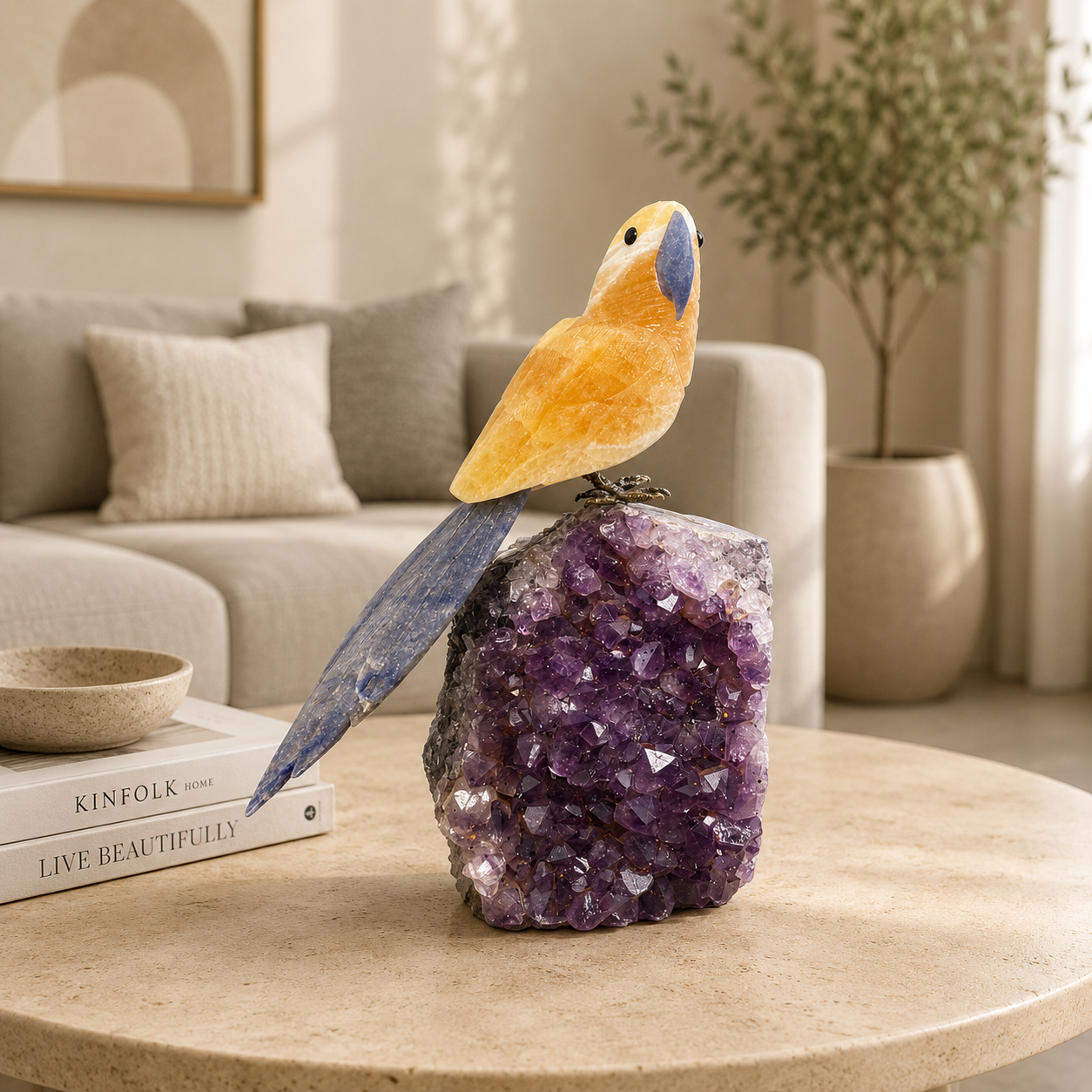 Solunique Amethyst Gemstone Bird – Yellow Calcite & Lapis Lazuli Crystal Parrot Décor, Joy & Wisdom Symbol (8 Inch, 1.5 kg)