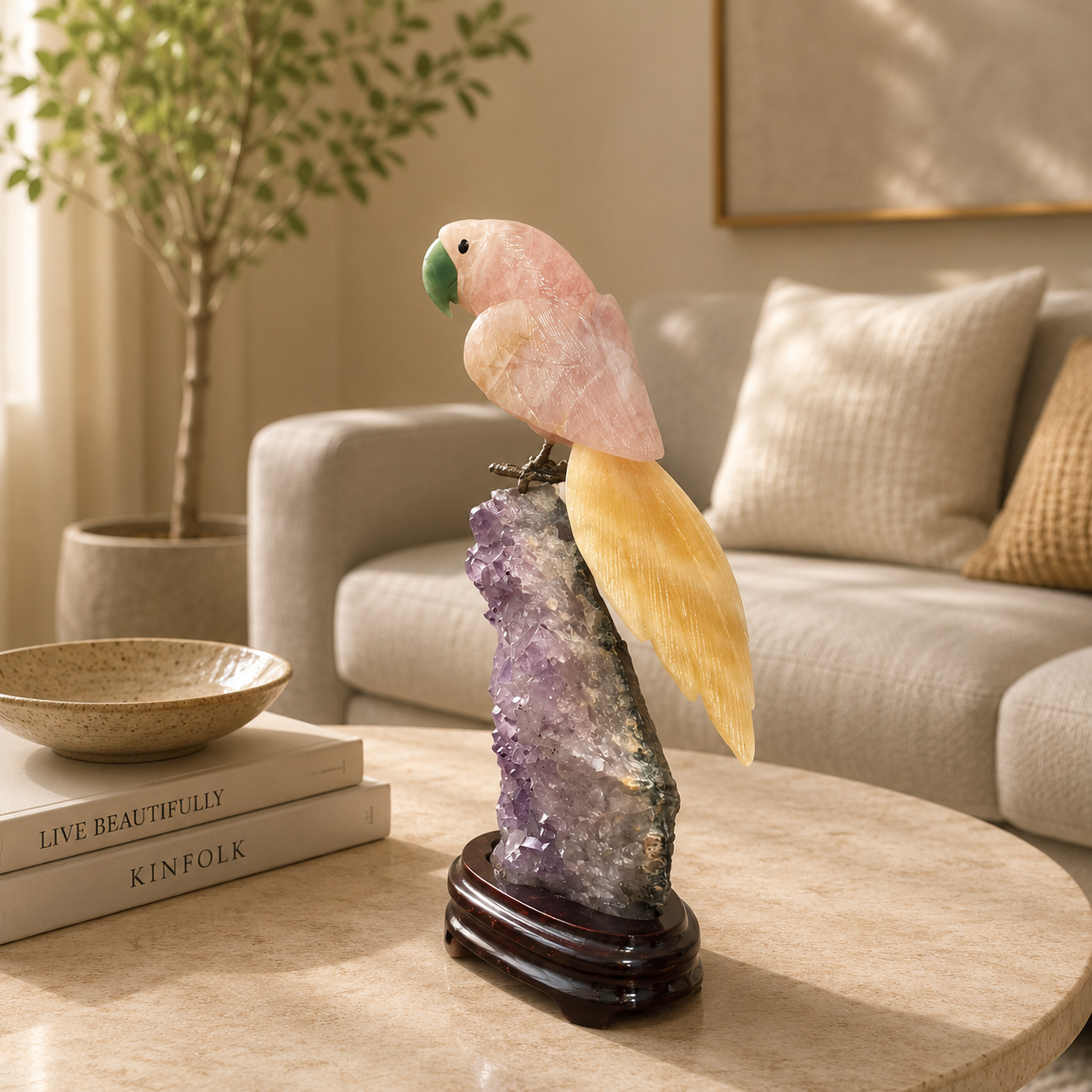 Rosavelle Amethyst Gemstone Bird – Rose Quartz & Yellow Calcite Crystal Parrot Décor, Love & Positivity Symbol (10 Inch, 1.3kg)