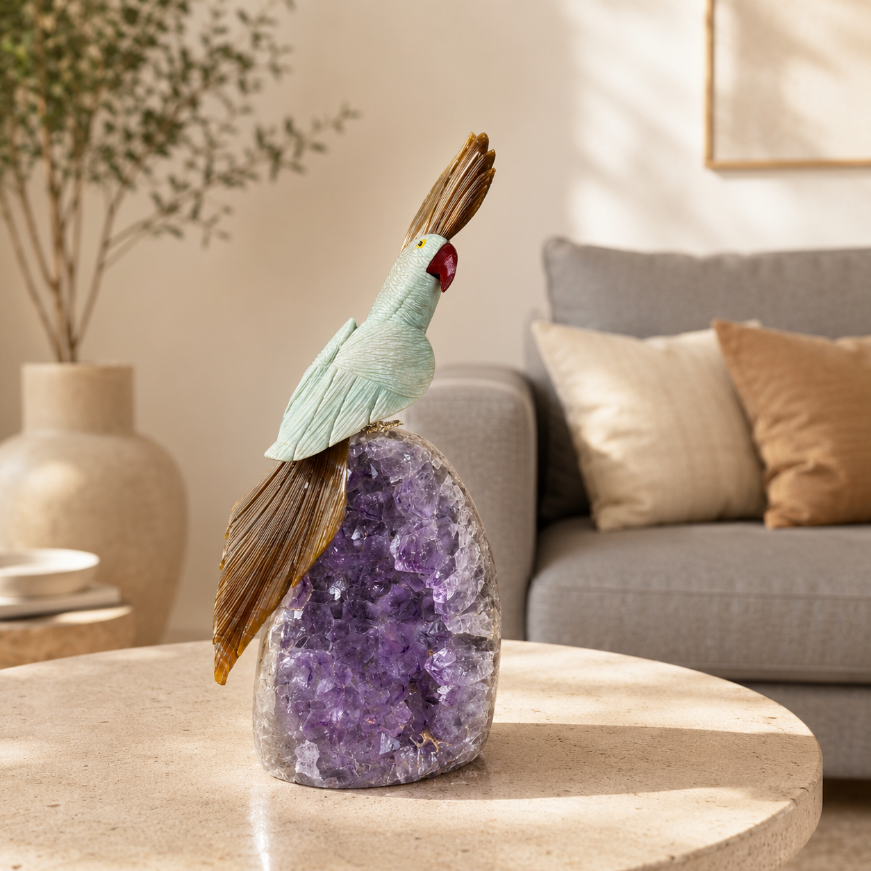 Verdelume Green Aventurine Gemstone Bird – Brown Agate Crest Crystal Parrot Décor, Prosperity & Harmony Symbol (13 Inch, 3.396 kg)