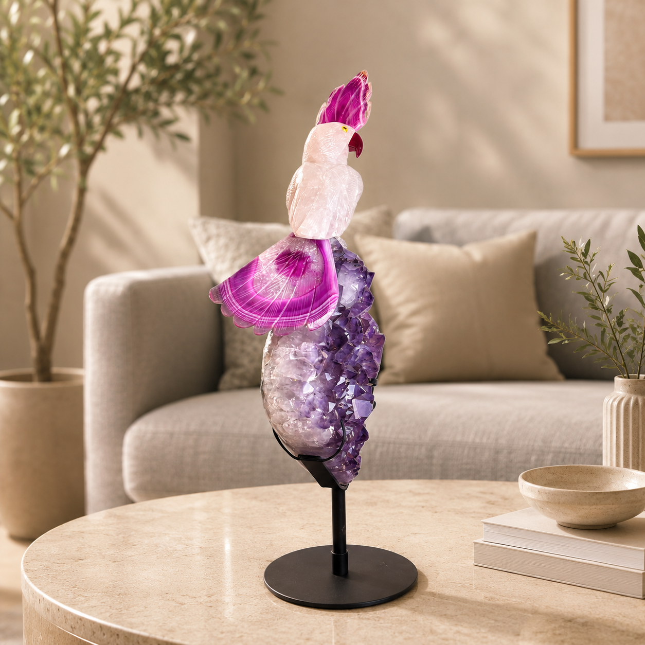 Lumivara Amethyst Gemstone Bird – White Quartz Crystal Parrot Décor, Love & Harmony Symbol (20 Inch, 5.5 kg)