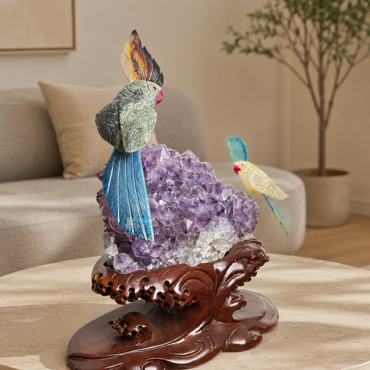 Sylverra Amethyst Gemstone Bird Duo – Crystal Parrot Luxury Décor, Harmony & Elegance Symbol (14 Inch, 6.490 kg)