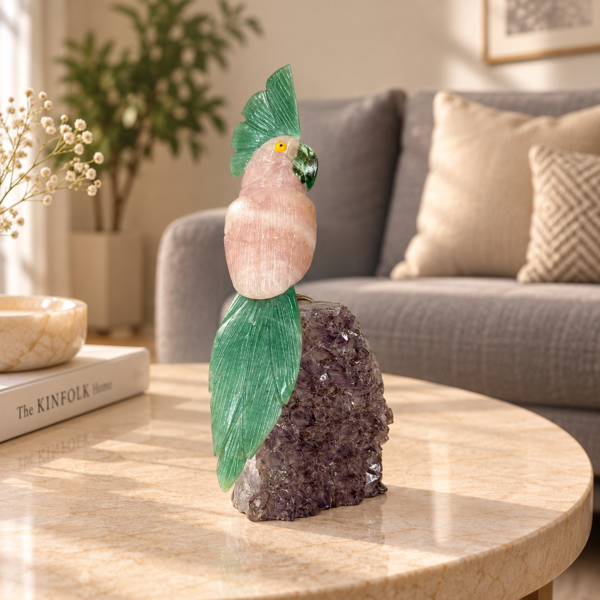 Rosavelle Rose Quartz Gemstone Bird – Green Aventurine Crystal Parrot on Amethyst Base, Love & Harmony Symbol, 8 Inch, 0.800 kg