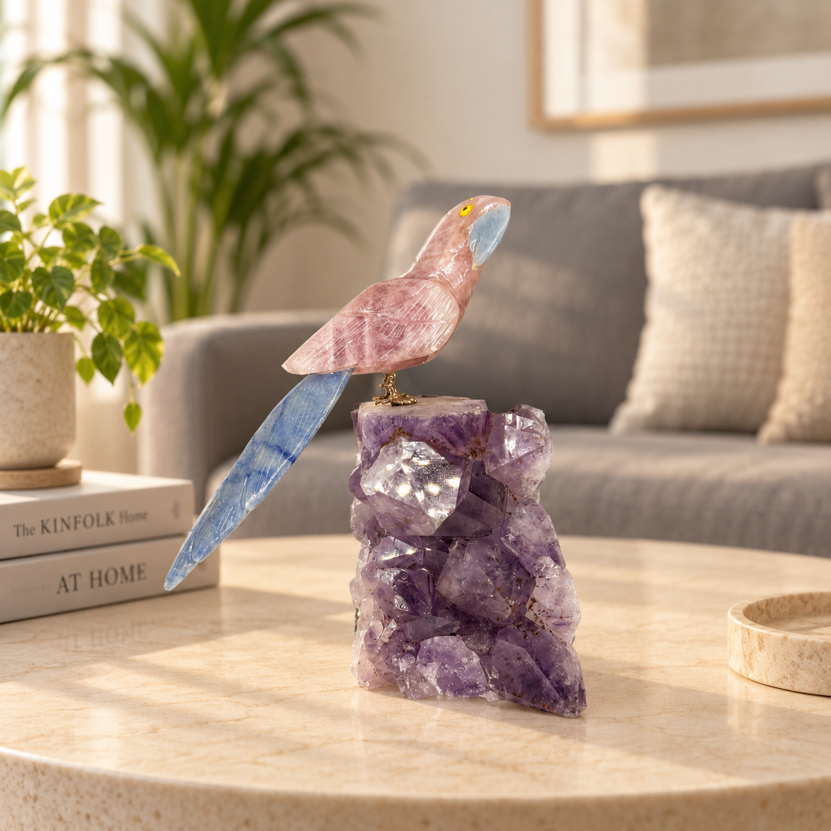 Roselune Pink Quartz & Lapis Lazuli Gemstone Bird – Crystal Parrot on Amethyst Base, Love & Wisdom Symbol