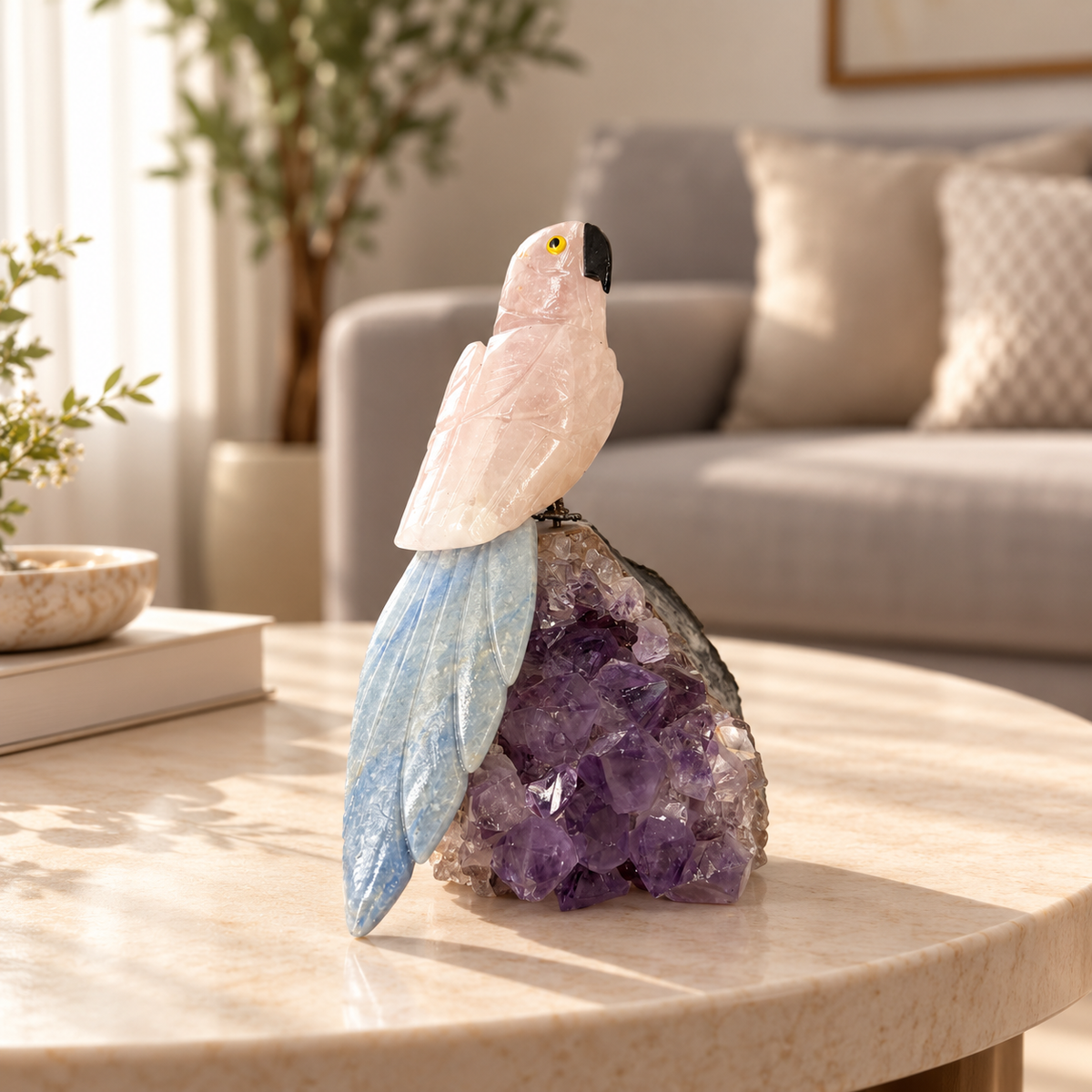 Rosavelle Rose Quartz Gemstone Bird – Lapis Lazuli Crystal Parrot on Amethyst Base, Love & Harmony Symbol, 5.2 Inch, 0.650 kg