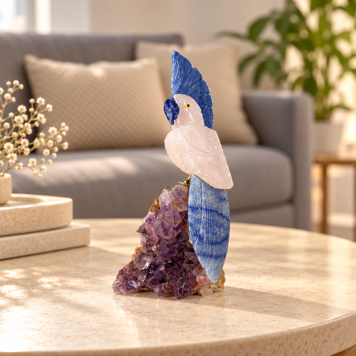 Rosavia Rose Quartz Gemstone Bird – Blue Sodalite Crystal Parrot on Amethyst Base, Love & Harmony Symbol 7.0 Inch, 0.450 kg
