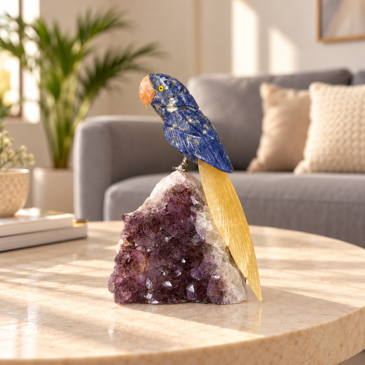 Sodalune Amethyst Gemstone Bird – Blue Sodalite & Yellow Calcite Crystal Parrot Home Décor, Wisdom & Positivity Symbol, 6.0 Inch, 0.750 kg