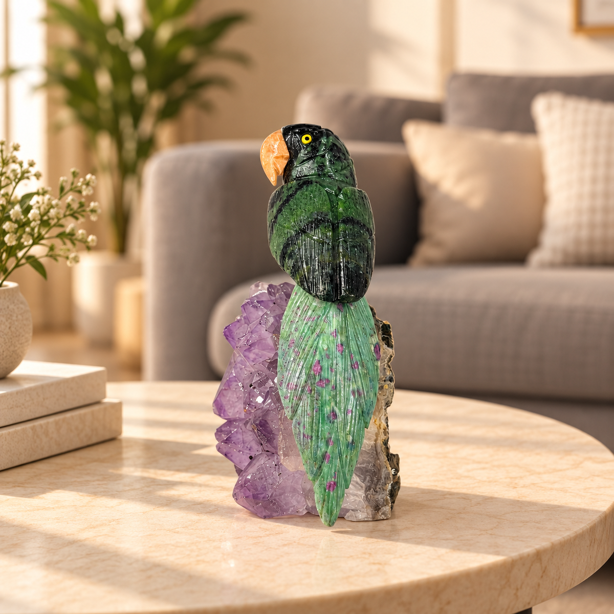 Aventara Green Aventurine Gemstone Bird – Ruby Zoisite Crystal Parrot on Amethyst Base, Prosperity & Harmony Symbol, 6.0 Inch, 0.750 kg