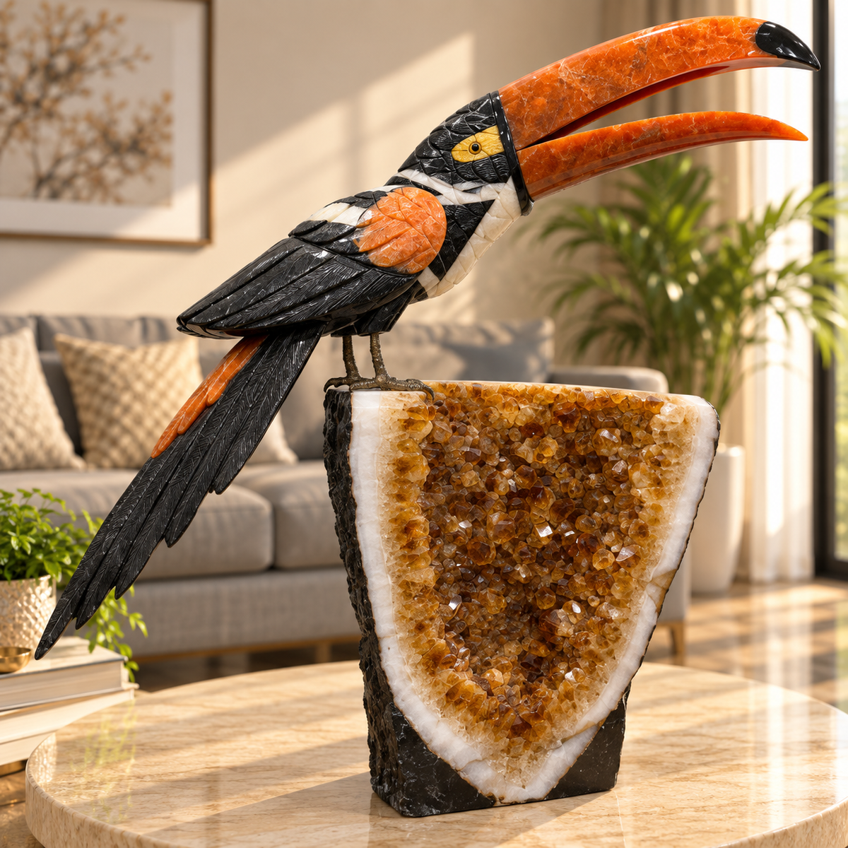 Toucara Citrine Geode Gemstone Toucan – Black Dolomite, White Quartz & Orange Calcite Bird Décor, Positivity & Confidence Symbol. H - 25 inches, W - 27 inches, W - 28.400 kg