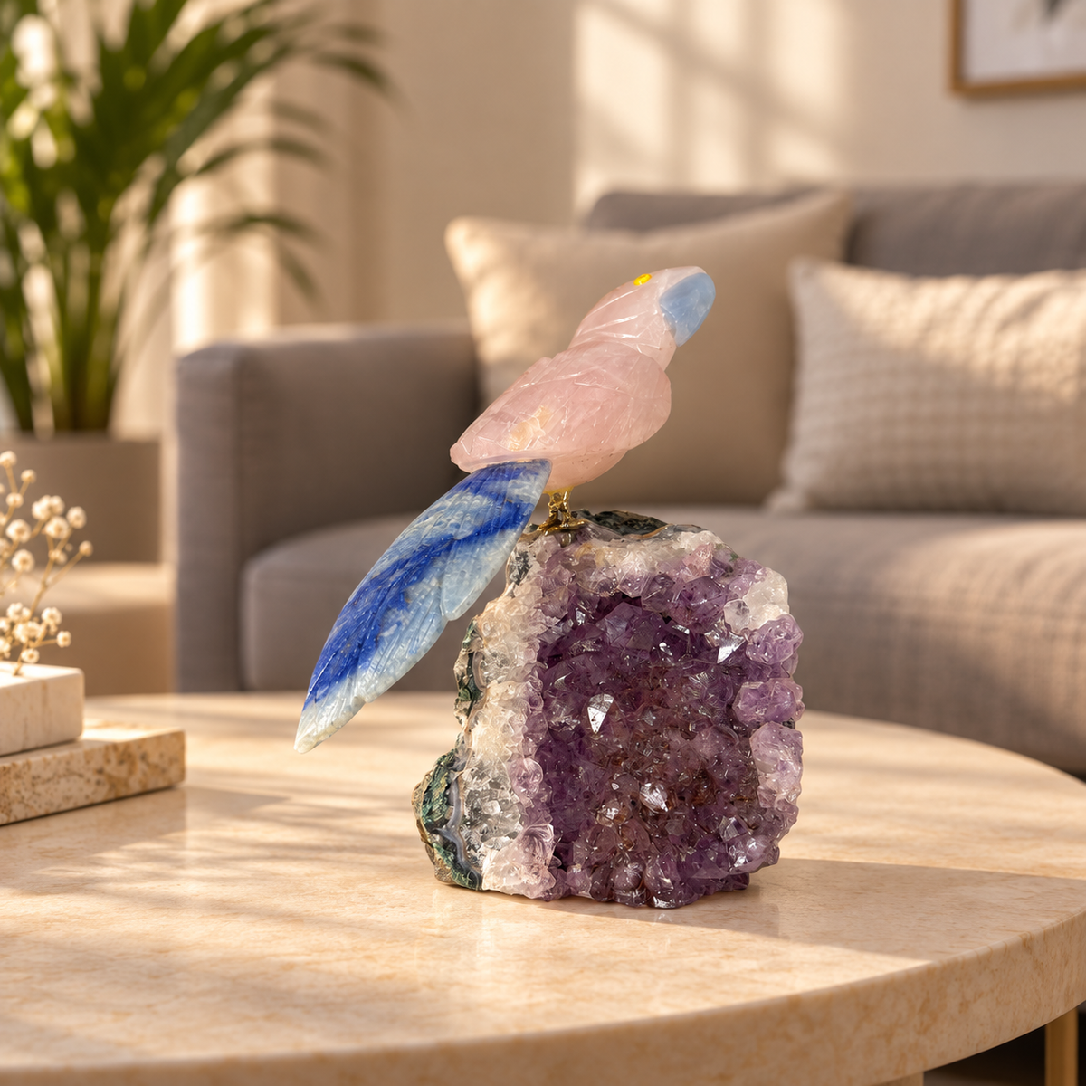 Roselle Rose Quartz Gemstone Bird – Lapis Lazuli Crystal Parrot on Amethyst Base, Love & Wisdom Symbol, 5.5 Inch, 0.700 kg