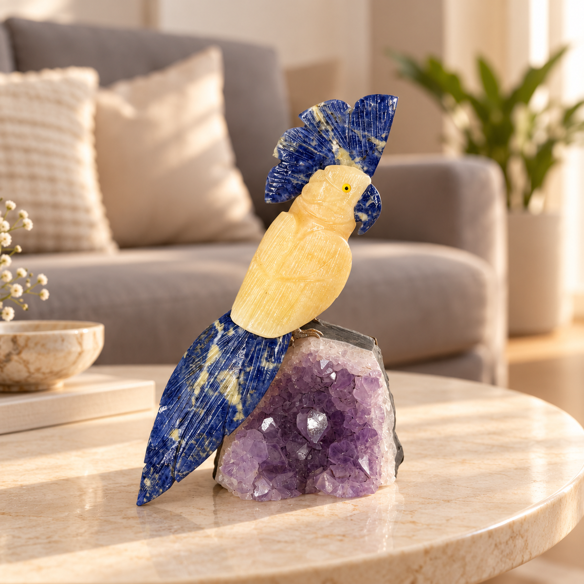 Solviera Yellow Calcite Gemstone Bird – Blue Sodalite Crystal Parrot on Amethyst Base, Positivity & Clarity Symbol, 5.5 Inch, 0.615 kg