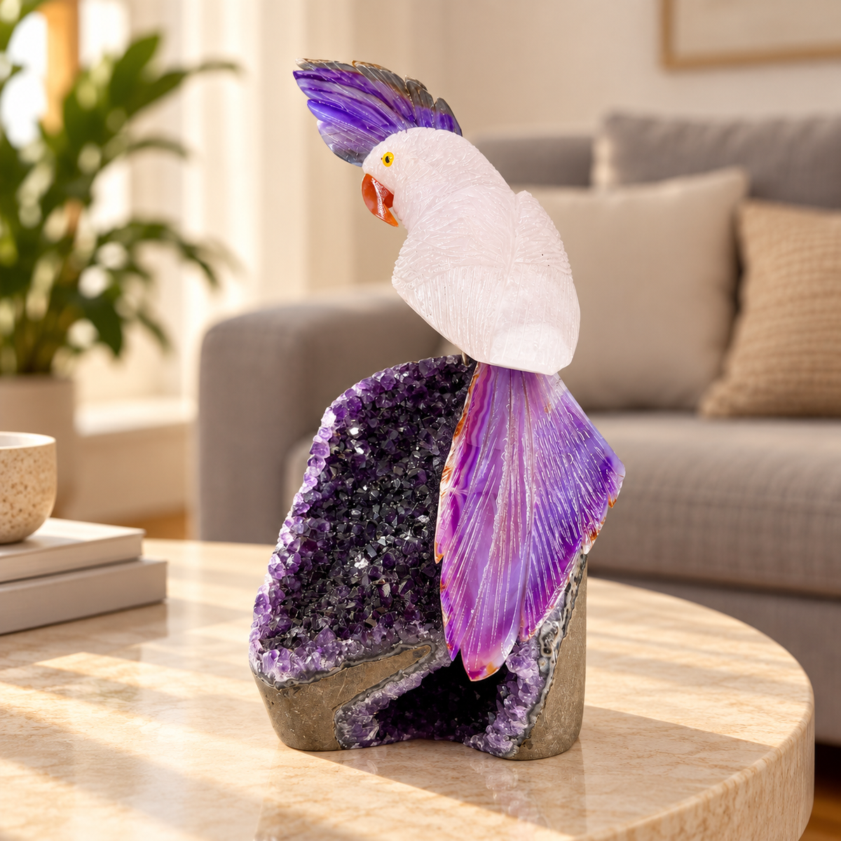 Aurevia White Quartz & Blue Sodalite Gemstone Bird – Crystal Parrot on Amethyst Home Décor, Clarity & Wisdom Symbol, 9 Inch, 1.436 kg