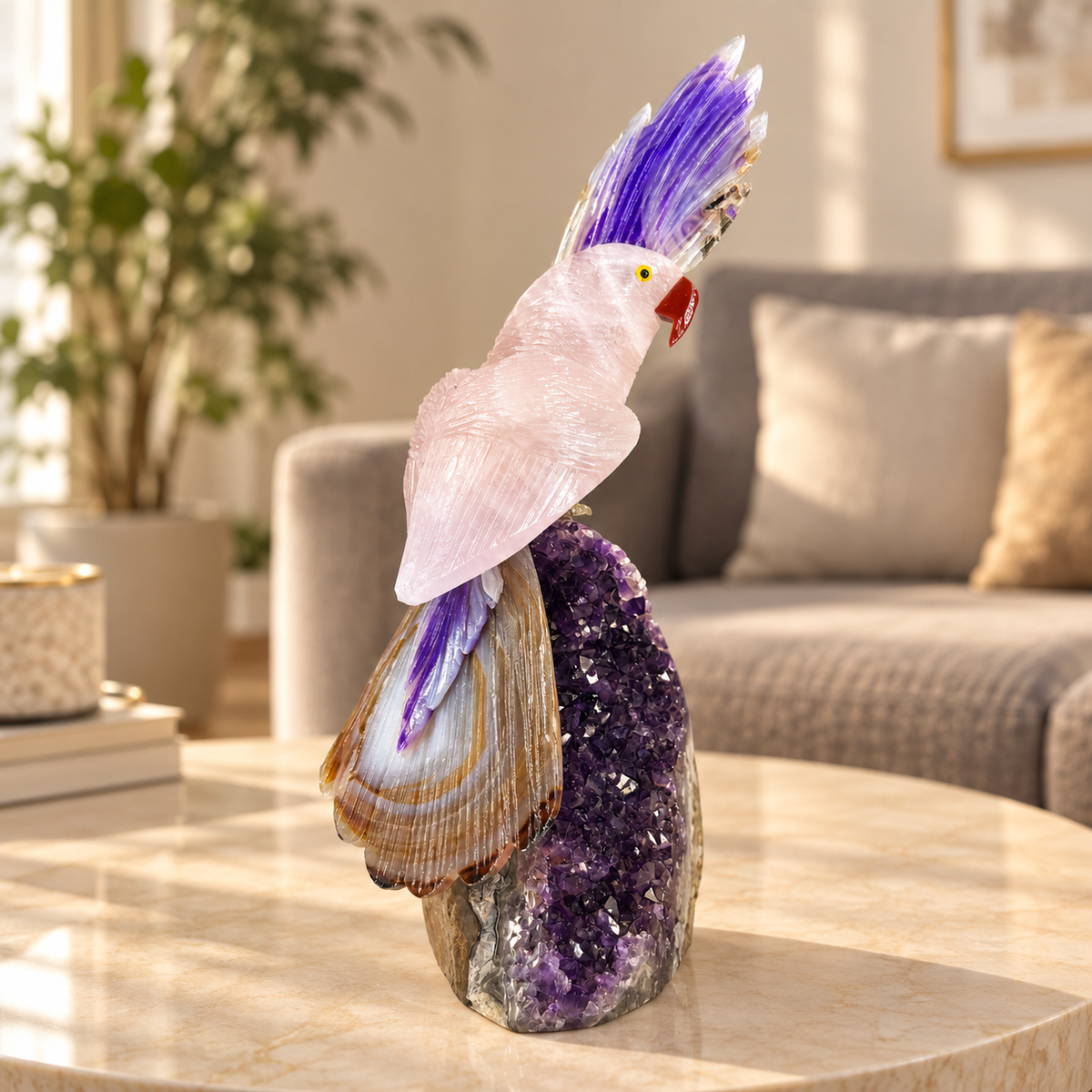Rosavelle Rose Quartz & Purple Agate Gemstone Bird – Amethyst Crystal Parrot Home Décor, Love & Harmony Symbol, 9.5 Inch, 1.300 kg
