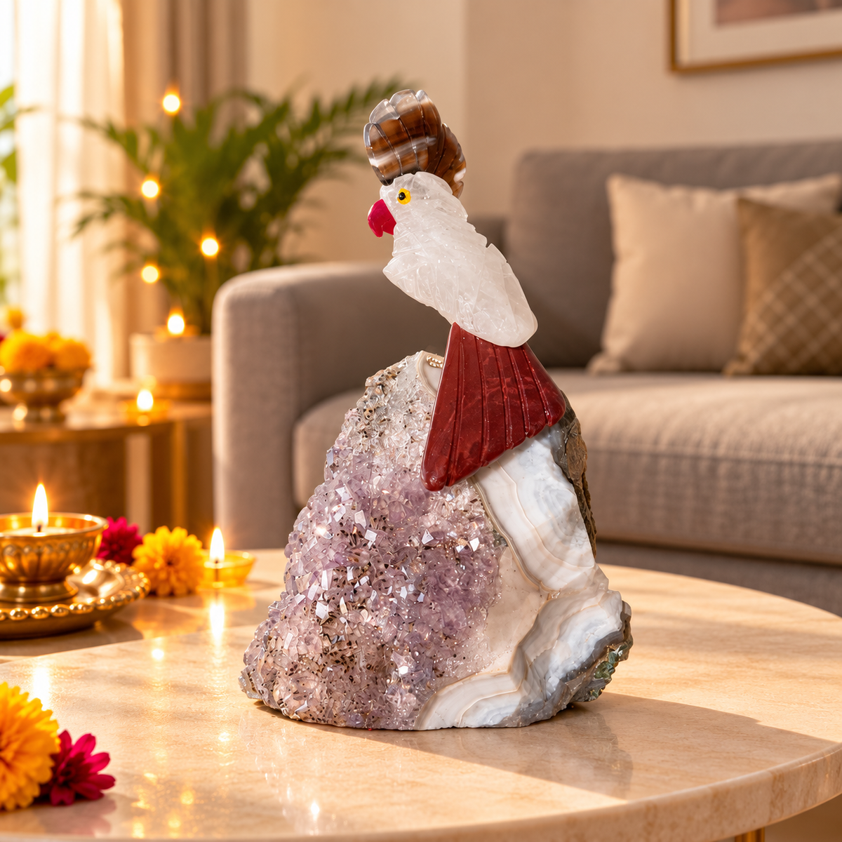 Clear Quartz Gemstone Bird on Amethyst Base – Gray Agate Crown & Orange Agate Tail, Crystal Parrot Home Décor, Clarity & Positive Energy Symbol, 4.5 Inch, 0.323 kg