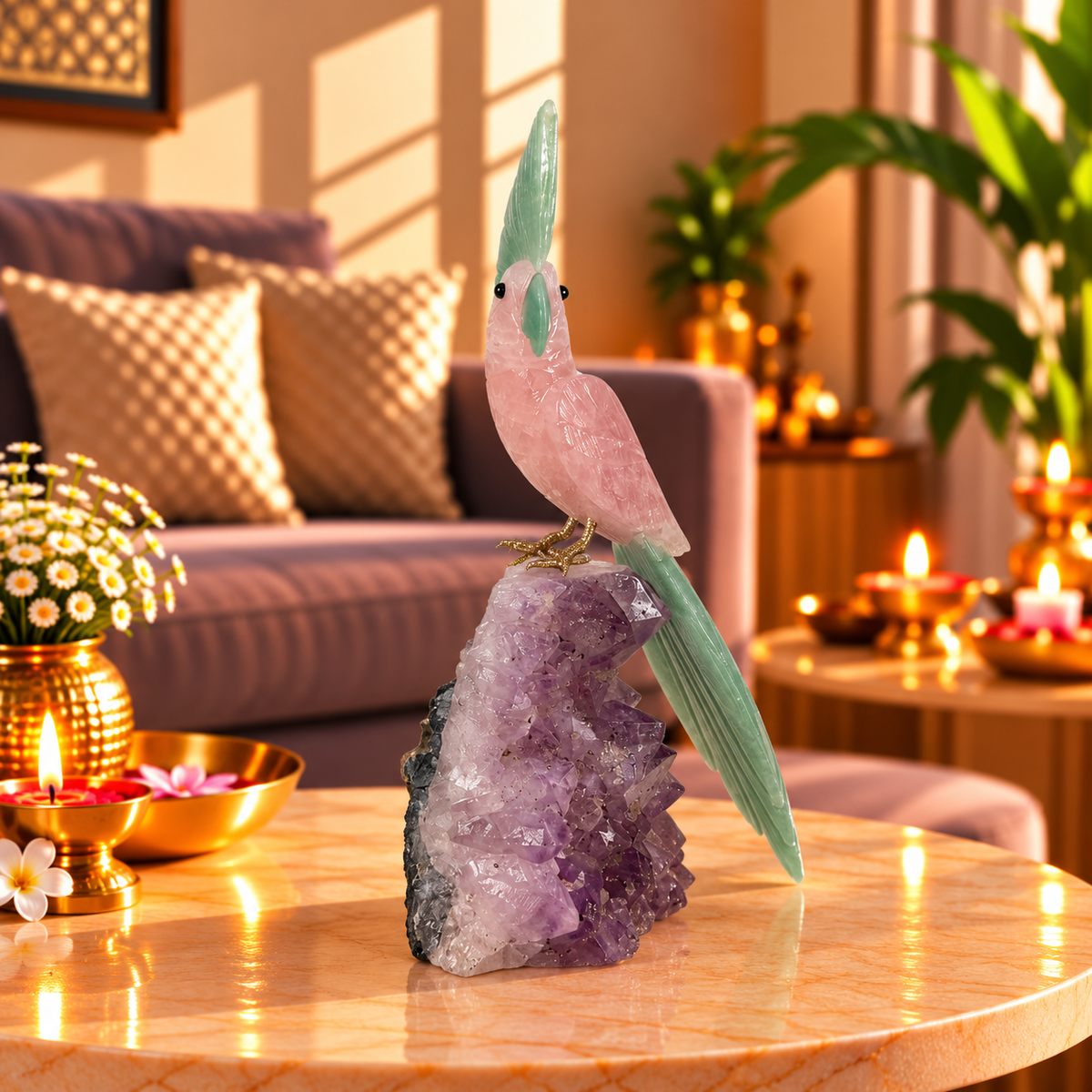 Rosjade Amethyst Gemstone Bird – Rose Quartz & Green Jade Crystal Parrot Home Décor, Love, Prosperity & Harmony Symbol 9.5 Inch, 1.2 Kg