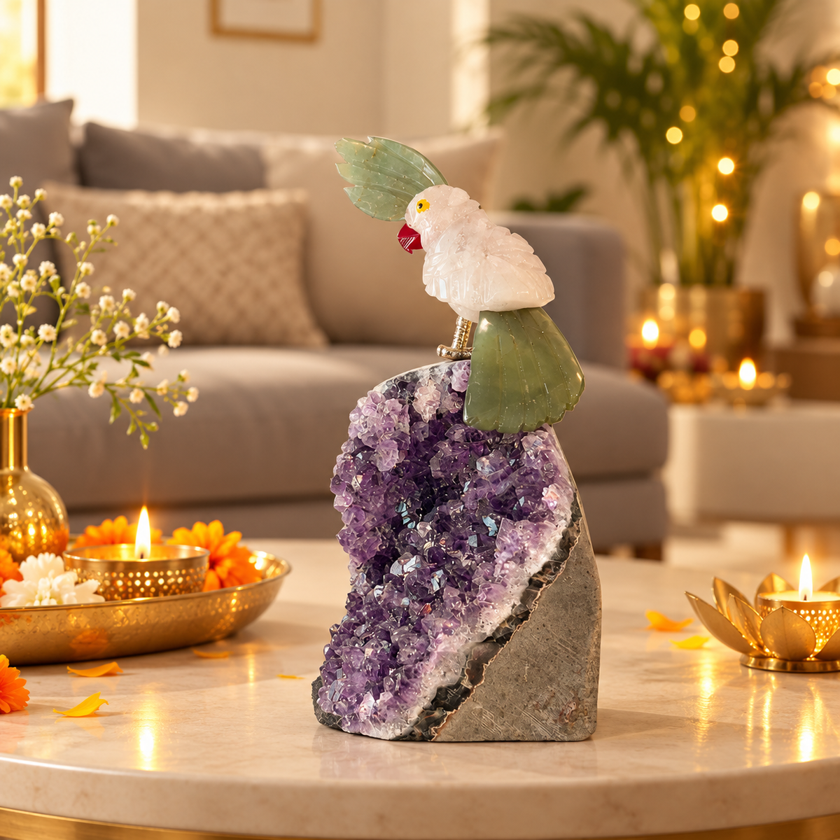 Jadecrest Amethyst Gemstone Bird – Clear Quartz Crystal Parrot Home Décor, Clarity, Prosperity & Harmony Symbol | 5 Inch, 0.272 kg