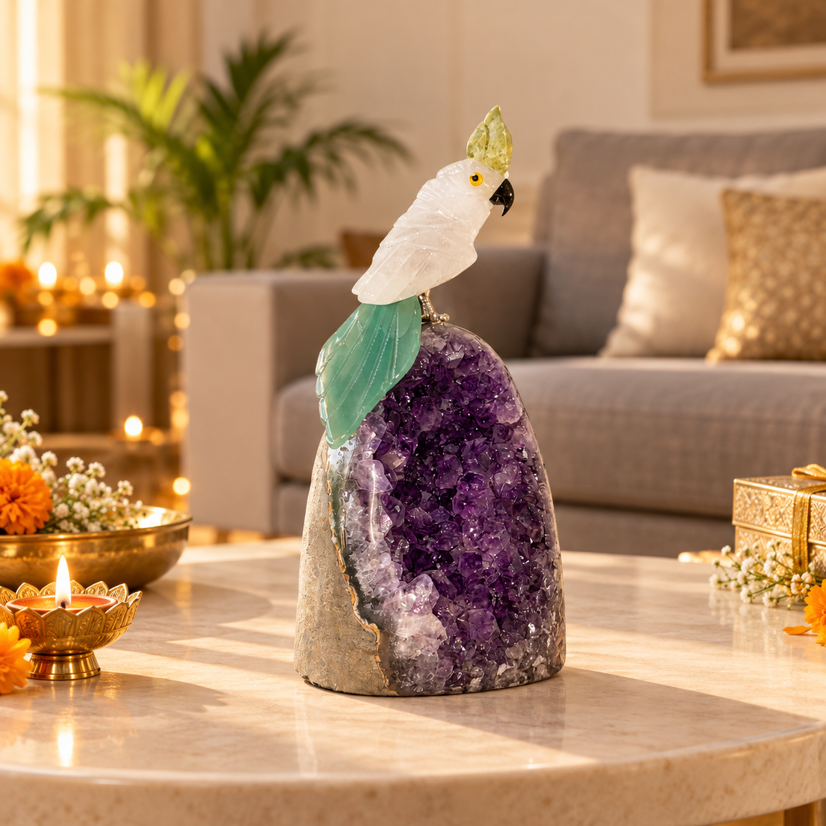 Celestia Amethyst Gemstone Bird – Clear Quartz Crystal Parrot with Green Agate Crown & Tail, Peace, Clarity & Harmony Symbol for Luxury Home Décor | 5 Inch, 0.375 kg