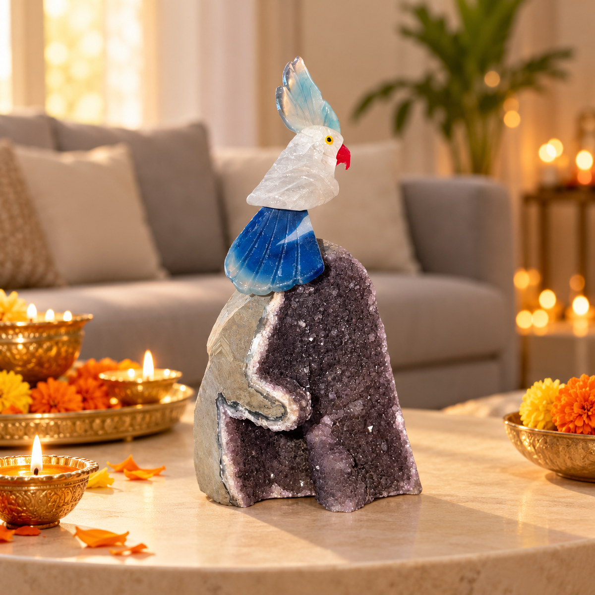 Celestia Amethyst Gemstone Bird – Clear Quartz & Blue Agate Crystal Parrot Home Décor, Clarity & Harmony Symbol, 6 Inch, 0.442 kg