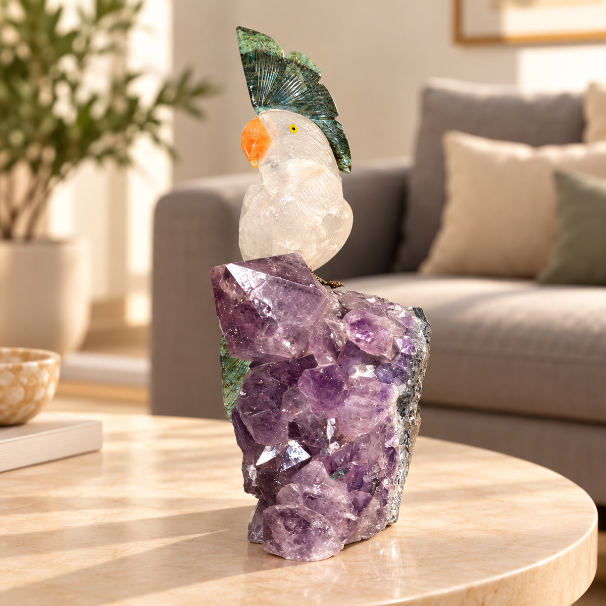Aurevia Clear Quartz Gemstone Bird – Ruby Zoisite Crystal Parrot on Amethyst Base, Clarity & Harmony Symbol, 10 Inch, 1.8 kg