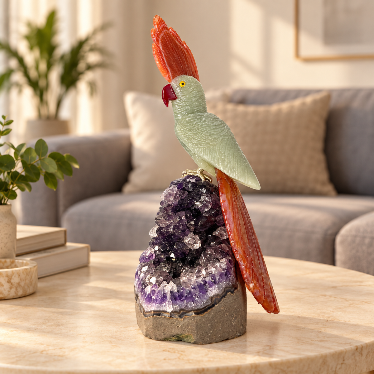 Aurevia Green Jade Gemstone Bird – Brown Agate Crystal Parrot on Amethyst Base, Prosperity & Grounding Symbol | 9.5 Inch, 1.2kg