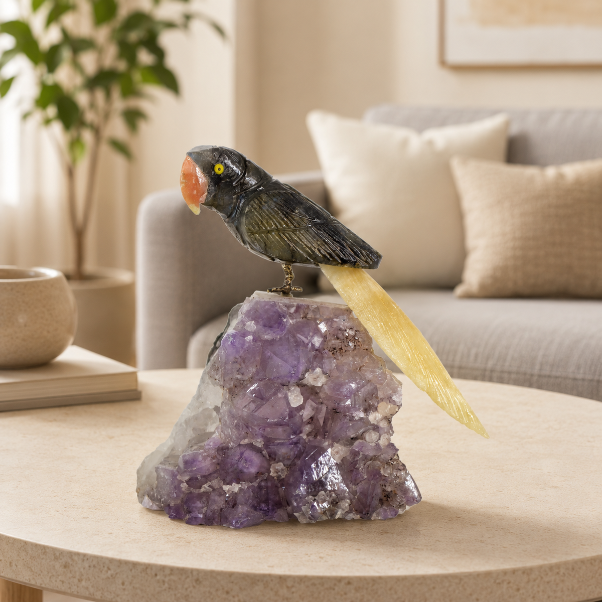 Noctara Amethyst Gemstone Bird – Black Tourmaline & Yellow Calcite Parrot Home Décor, Protection & Positivity Symbol – 5 Inch, 0.758 kg
