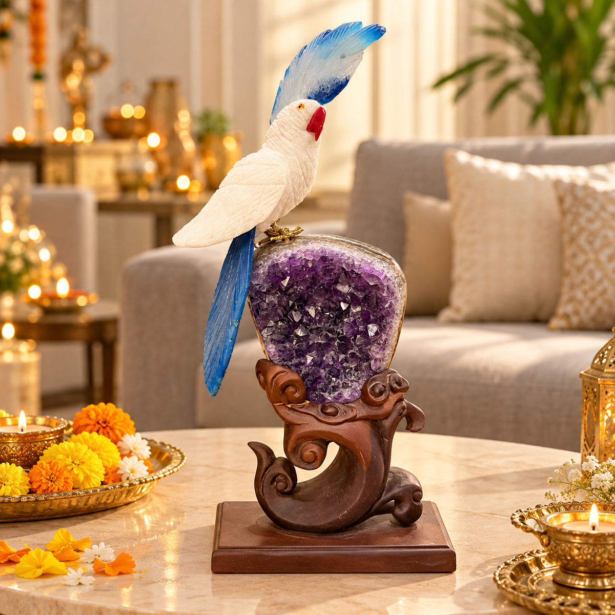 Royal Perch Masterpiece Amethyst Gemstone Bird – White Quartz & Blue Agate Crystal Parrot on Ornamental Wooden Stand, Luxury Home Décor, Peace, Clarity & Harmony Symbol, 13 Inch, 2.5 kg