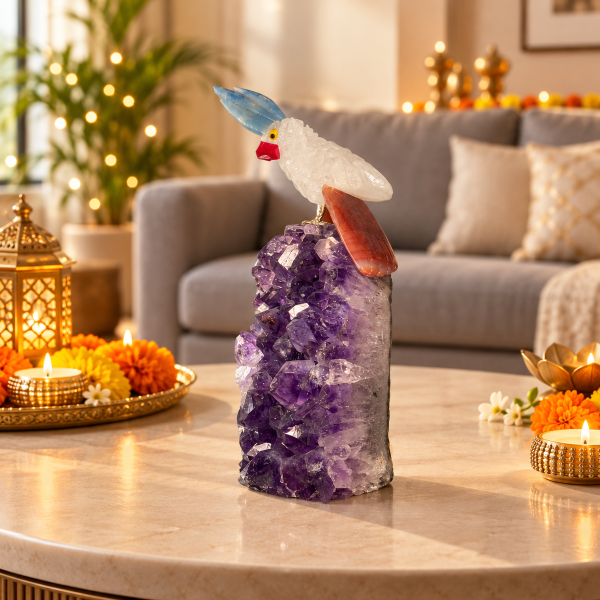 Aurevia Amethyst Gemstone Bird – Clear Quartz Crystal Parrot Home Décor, Clarity & Harmony Symbol