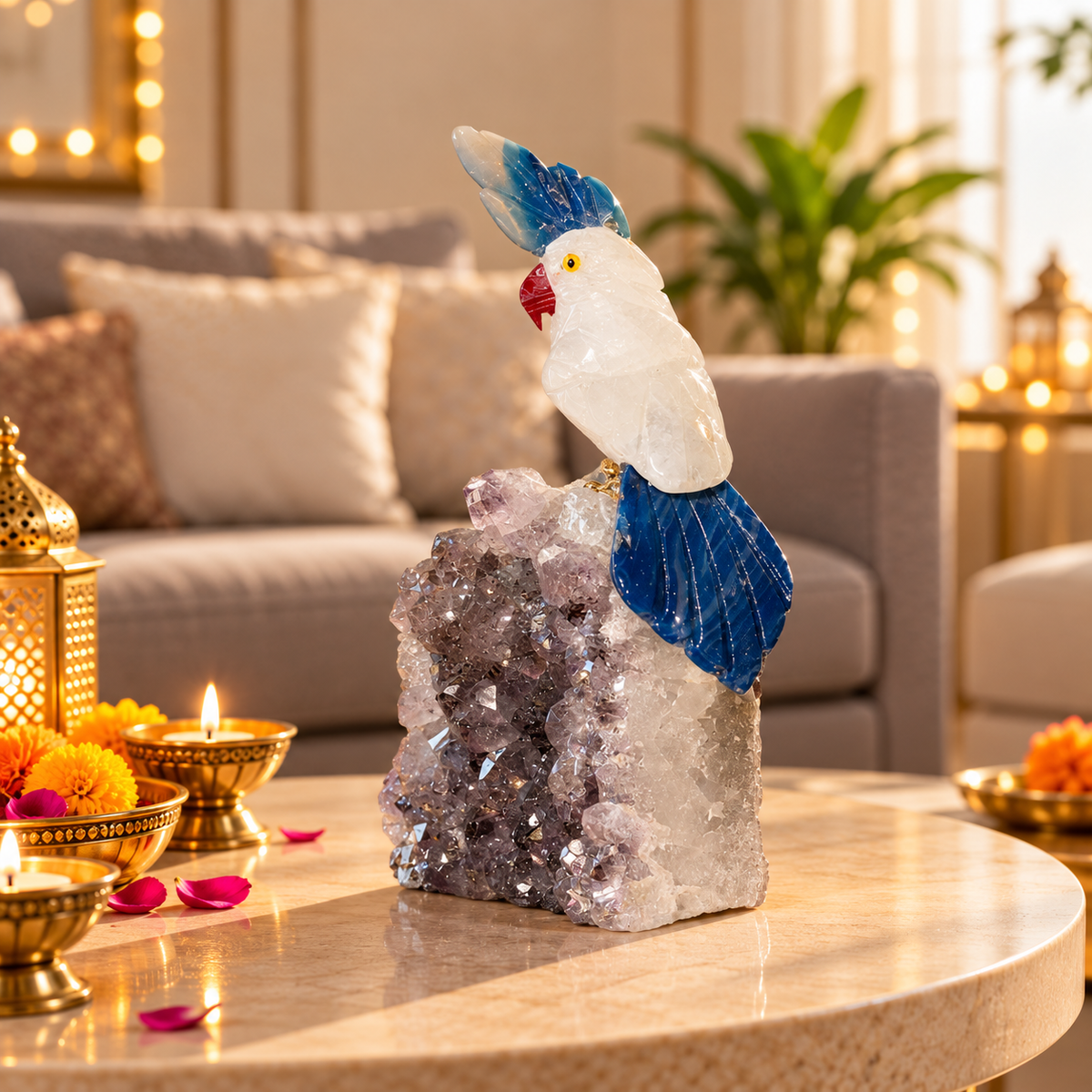 Aurevia White Quartz & Blue Agate Gemstone Bird – Amethyst Crystal Parrot Home Décor, Peace, Clarity & Harmony Symbol | 4.5 Inch, 0.313 kg