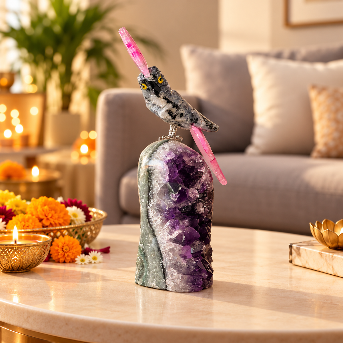 Serenique Amethyst Gemstone Bird – Blue Sodalite Crystal Parrot with Pink Agate Crown & Tail, Clarity & Harmony Symbol, 5 Inch, 0.407 kg