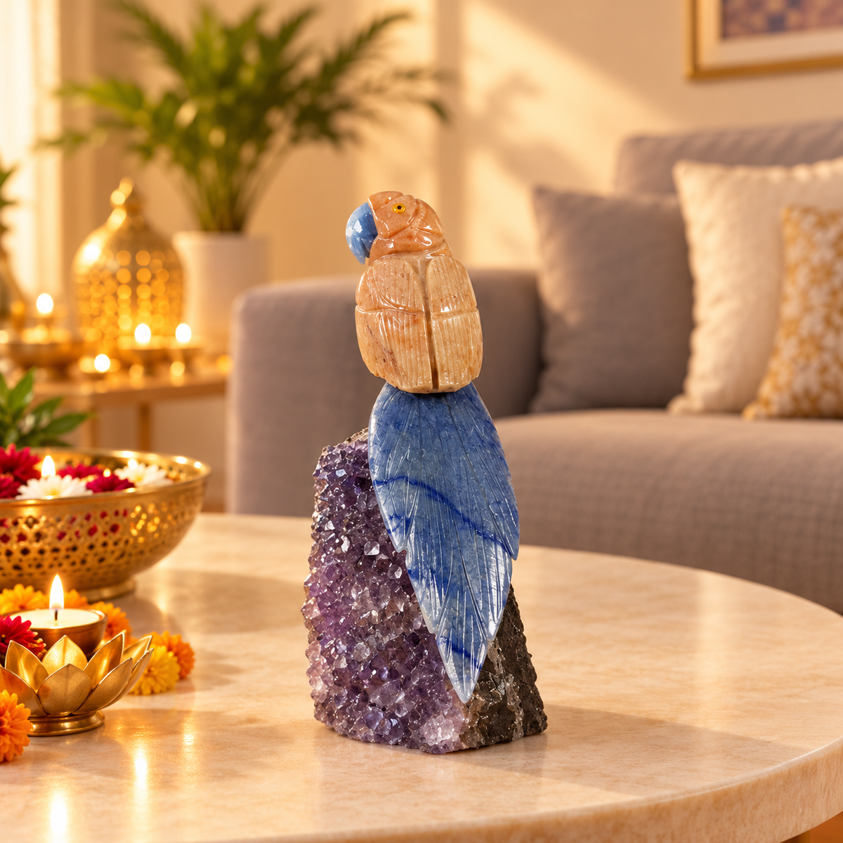 Jasvera Amethyst Gemstone Bird – Crystal Parrot Home Décor, Grounding & Harmony Symbol