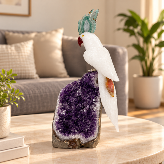 Aurelia Amethyst Gemstone Bird – White Quartz Crystal Parrot Home Décor, Peace & Clarity Symbol, 14.5 Inch, 3.400 kg