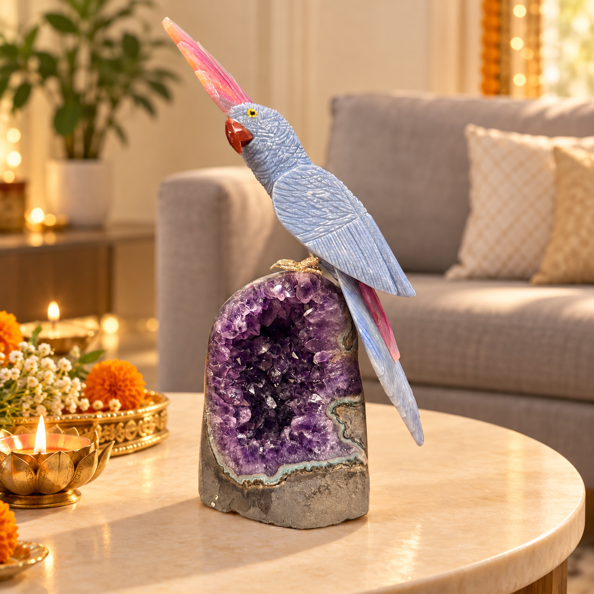 Lapis Royale Amethyst Gemstone Bird – Natural Crystal Parrot Home Décor, Wisdom, Clarity & Harmony Symbol | 10 Inch, 1.3 kg