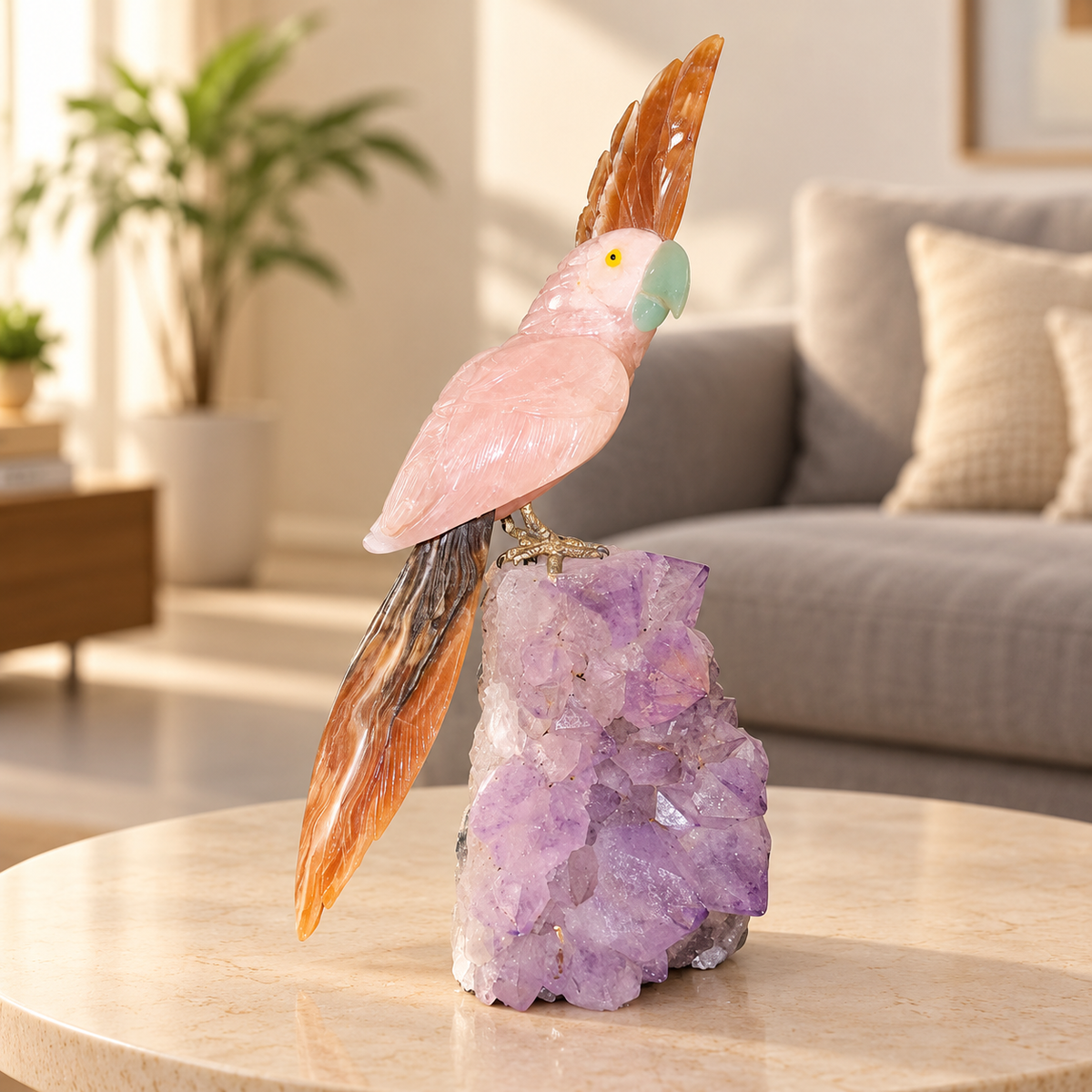 Aurevia Rose Quartz Amethyst Gemstone Bird – Honey Onyx Crystal Parrot Home Décor, Love & Positivity Symbol, 9.5 Inch, 1.244 kg