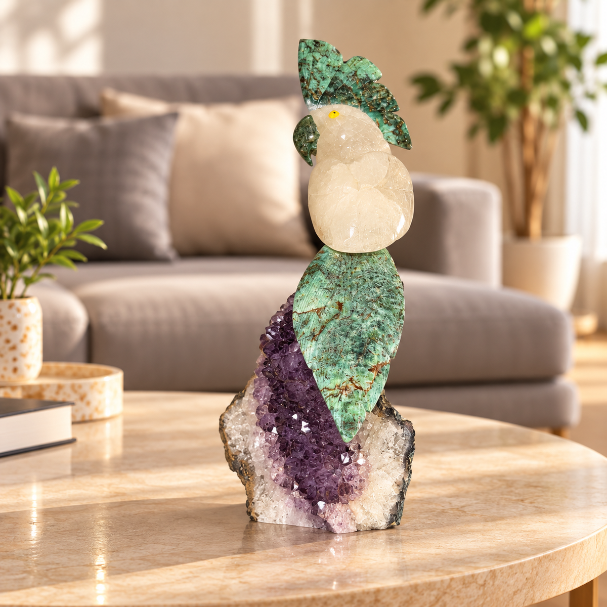Aurevia Clear Quartz Amethyst Gemstone Bird – Ruby Zoisite Crystal Parrot Home Décor, Clarity & Emotional Balance Symbol