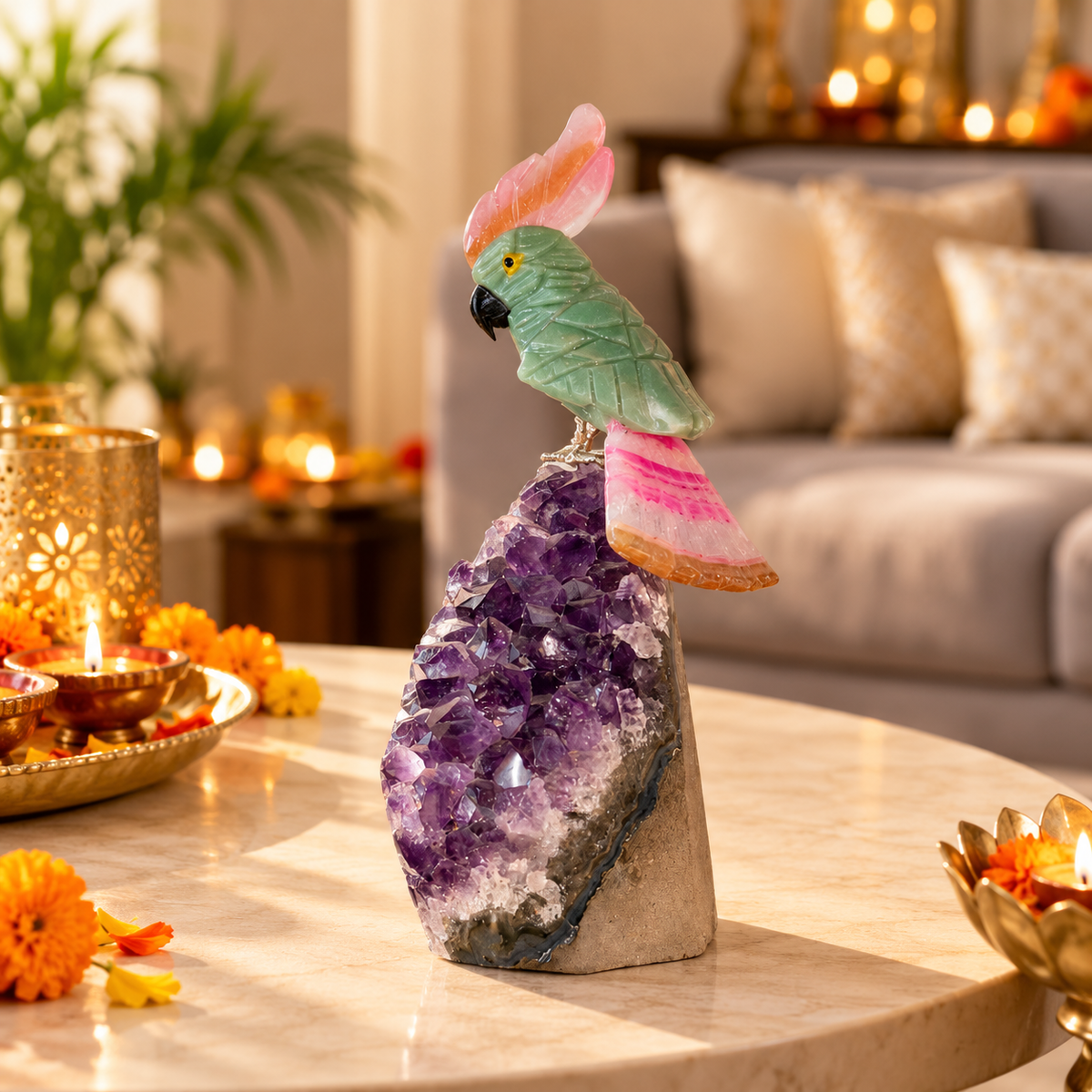 Green Jade & Pink Agate Gemstone Parrot on Amethyst Base – Crystal Bird Home Décor, Love, Harmony & Positivity Symbol | 5 Inch, 0.300 kg