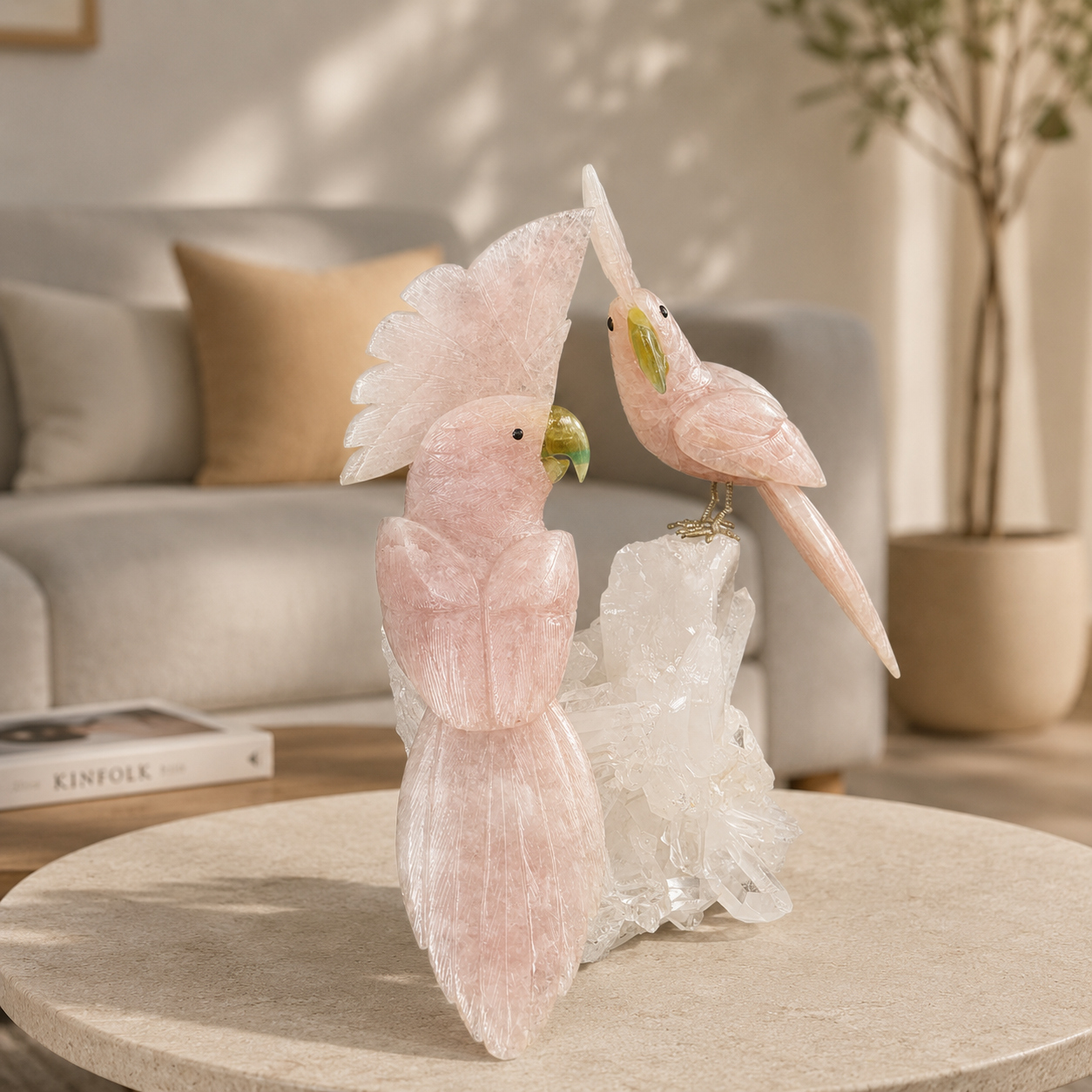 Aurora Rose Quartz Gemstone Cockatoo Duo – One-of-One Crystal Masterpiece Décor, Love & Harmony Symbol | 19 Inch, 8.7kg