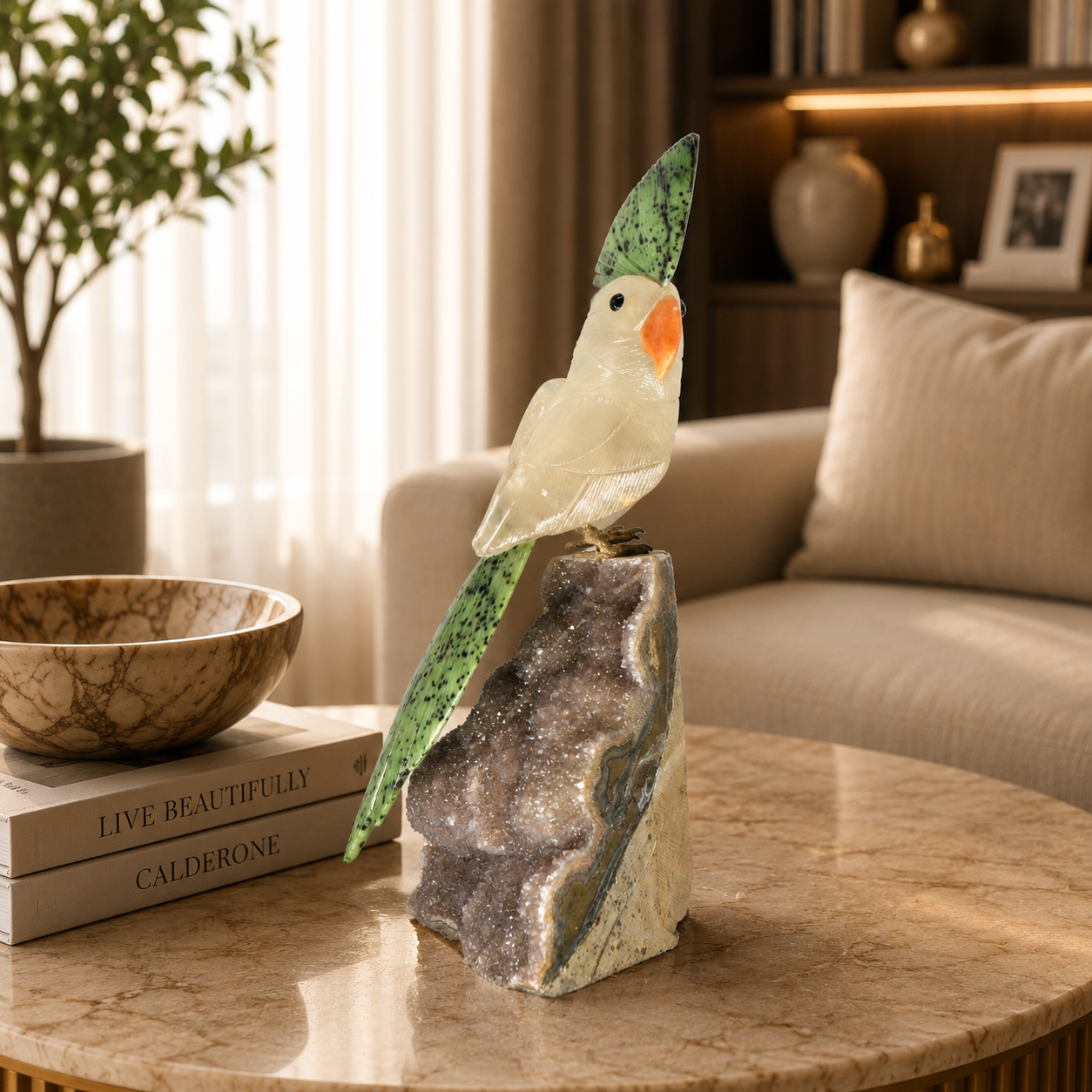 Aurelume Quartz Gemstone Bird – Crystal Parrot Home Décor, Clarity & Prosperity Symbol | Clear Quartz, Ruby Zoisite & Amethyst | 9.6 Inch, 1.362 kg